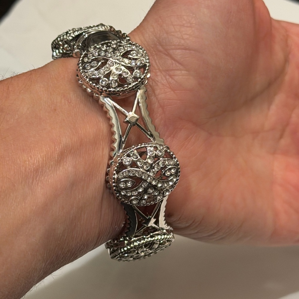 QVC Silver and Diamond Gemstone Bold Bangle Bracelet with Sparkling Accents NWT - Picture 2 of 7